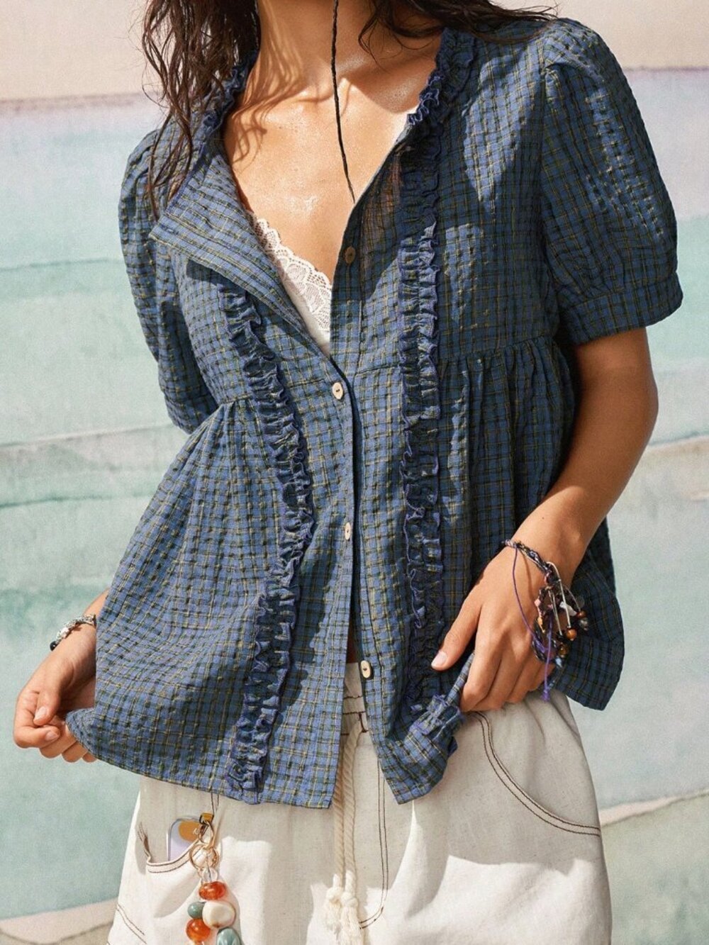 Blue Cute Women's Frill Trim Petal Sleeve Plaid Casual button down Shirt - Picture 2 of 6